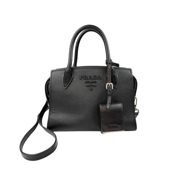 PRADA Milano Monochrome Black Small Handbag Leather Top Handle Crossbody Bag - Picture 1 of 11